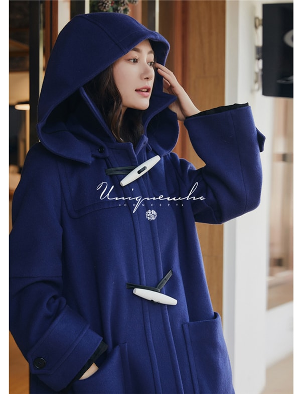 Blue Loose Hooded Double-faced Woolen Coat M