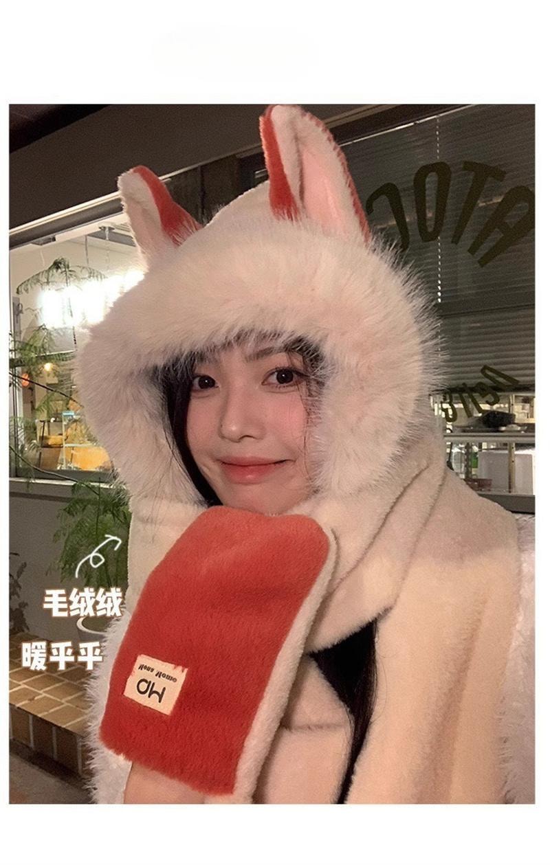 FOXTAIL 毛茸茸火狐狸一体帽 帽子 围巾 手套 冬季 保暖 防风 围脖 连帽 1个