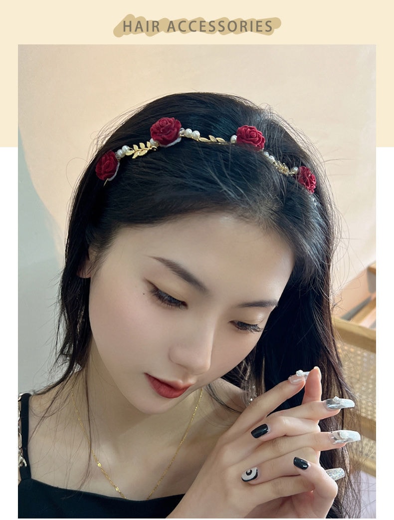 【中國直郵】爪哇島 夏天法式復古高級感發卡頭飾小眾設計壓發高顱頂 紅玫瑰珍珠髮箍