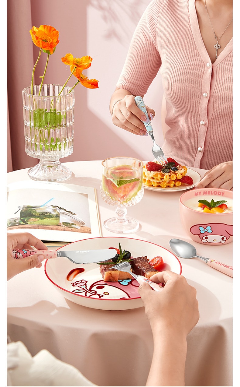 【中国直邮】三丽鸥  不锈钢勺子叉子家用汤匙喝汤可爱甜品勺餐具套装  美乐蒂