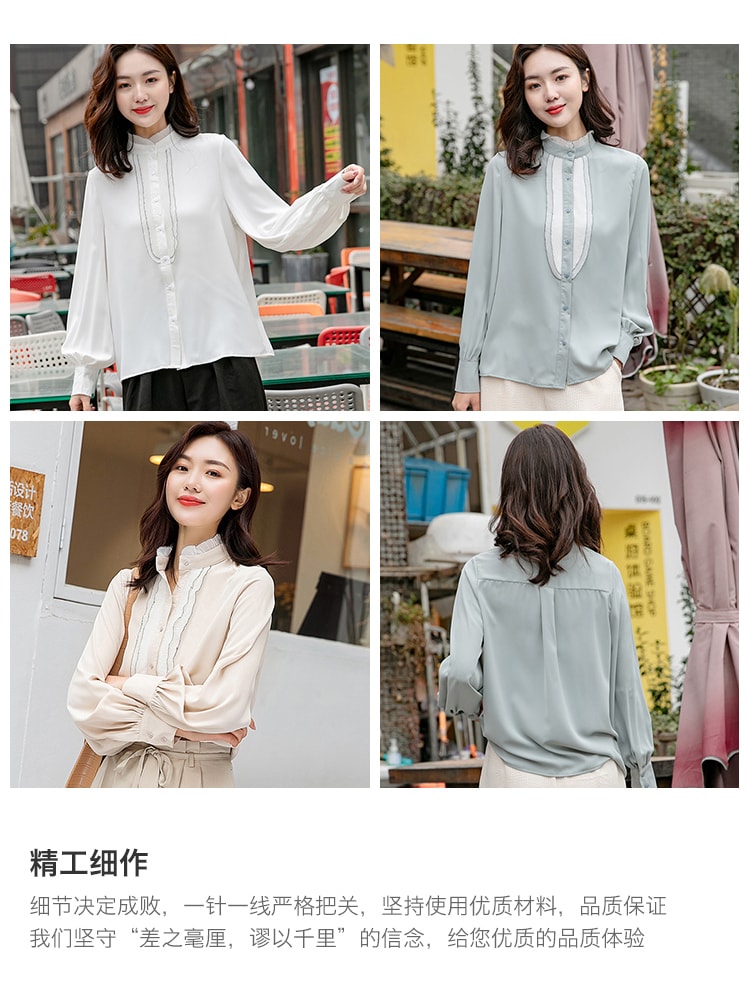 CARRIE&KATE【Designer Style】2019 Spring new long sleeves loose on vertical collar lace chiffon shirt Khaki/M