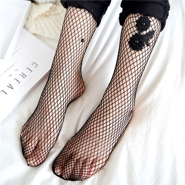 Girls Women Sexy Fishnet Pantyhose for Summer Flower Embroidery Mesh Stockings Slim Elastic Tights Black 1 PC