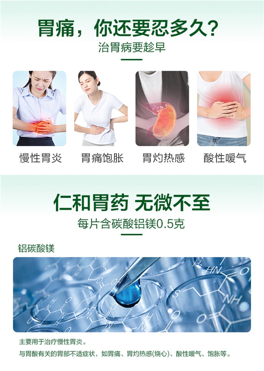 【中國直郵】仁和 鋁碳酸鎂咀嚼片 治療胃脹氣 胃痛 胃酸 胃炎 20片/盒 (家中常備)