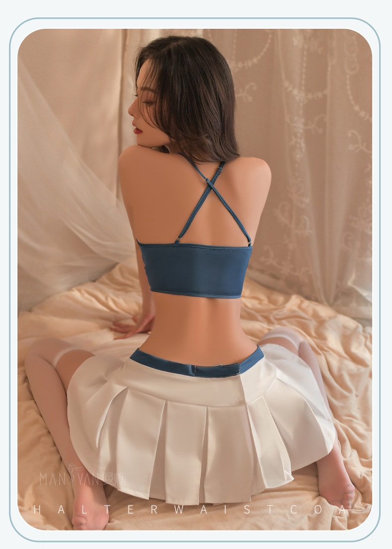 【中国直邮】曼烟 情趣内衣 性感系带三点式文胸海军水手服套装 蓝白色均码(含丝袜)