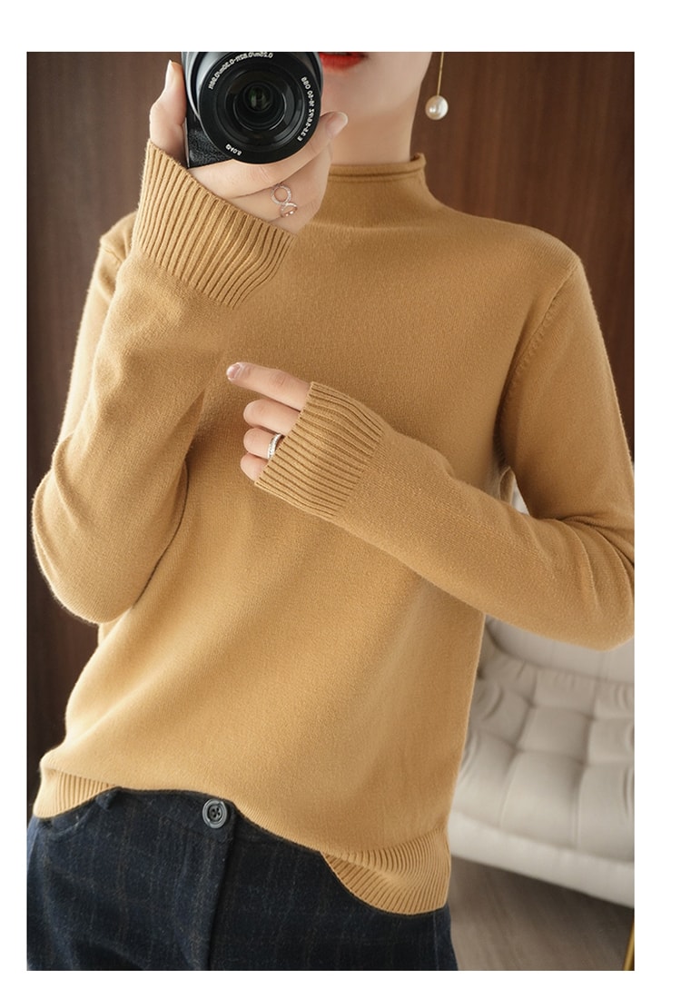 中国 秋冬款女式针织衫韩版半高领内搭打底衫针织毛衣 金驼色S