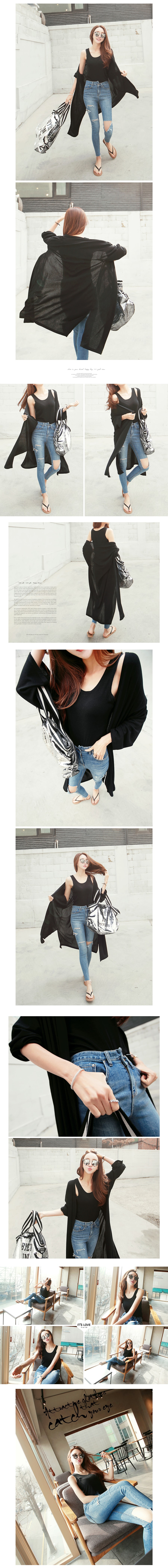 KOREA Open Front Long Cardigan+Tank Top 2 Pieces #Black One Size(S-M) [Free Shipping]