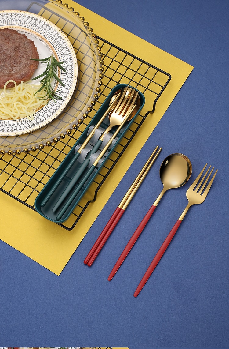 【中國直郵】親太太不銹鋼餐具便攜套裝 三件組筷子叉勺 銀粉四件套