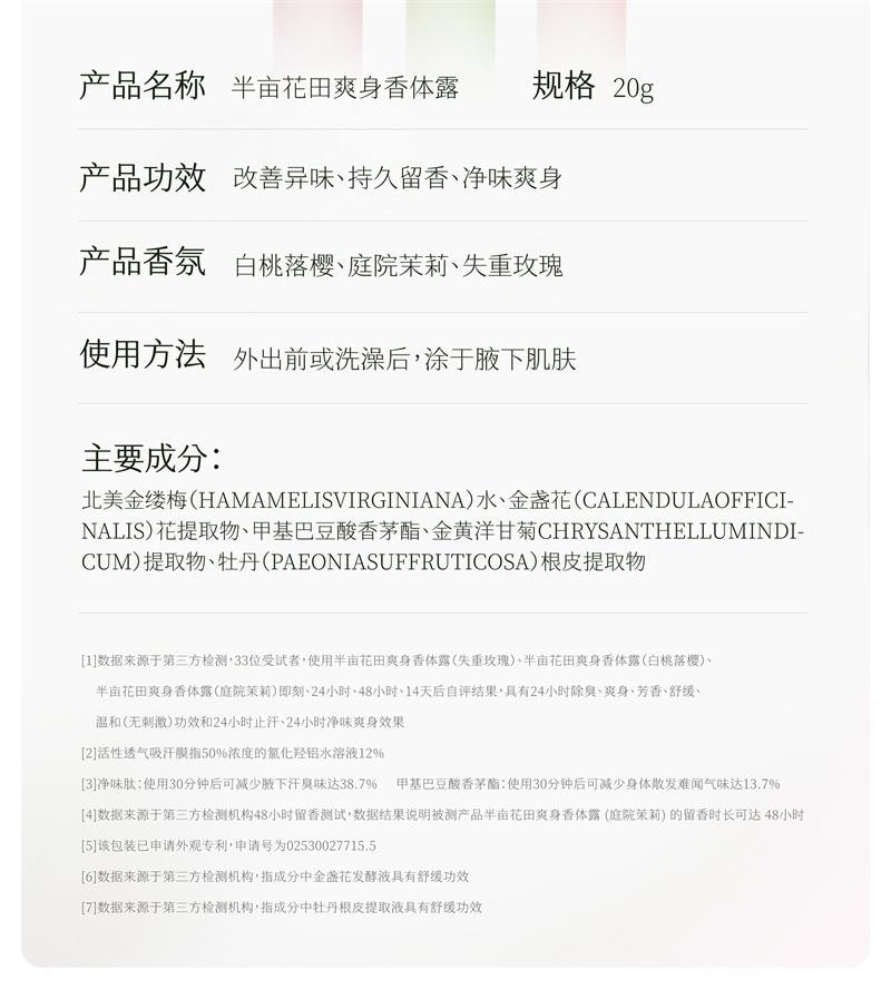 半畝花田 止汗露 腋下乾爽 持久留香 香體露 除汗滾珠 膏石液 升級款-白桃落櫻 20g 1個*預計到達時間3-4週