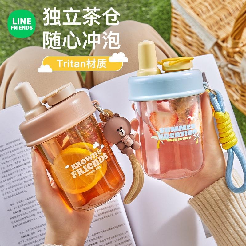 【中国直邮】日本 LINE FRIENDS 吸管杯耐热水杯便携水壶夏天喝水杯子 布朗熊-夏日蓝400ml 1个