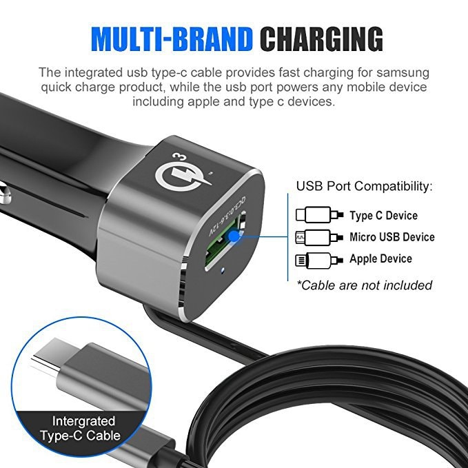 Quick Charge 3.0 Car Charger Adapter with Integrated Built-in USB-C Cable