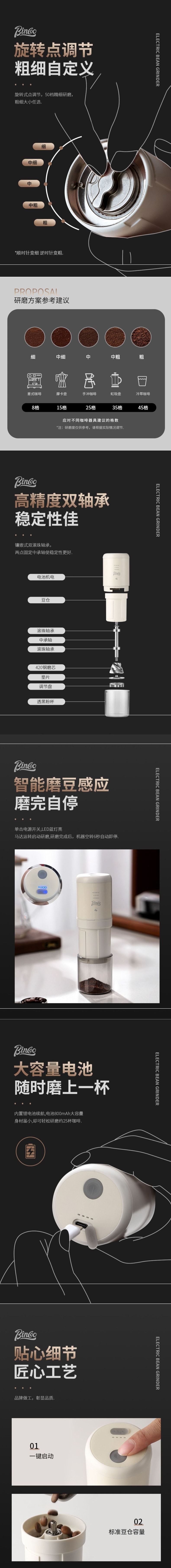 【中国直邮】柏意 电动磨豆机磨咖啡豆 精钢磨芯 手冲意式自动咖啡豆研磨机 USB充电