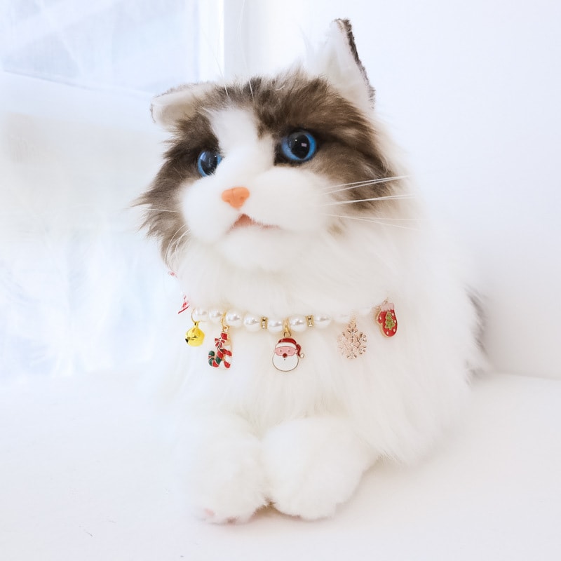 卡通可爱圣诞饰品小猫咪狗狗铃铛珍珠项链宠物项圈 #粉色猫咪 L
