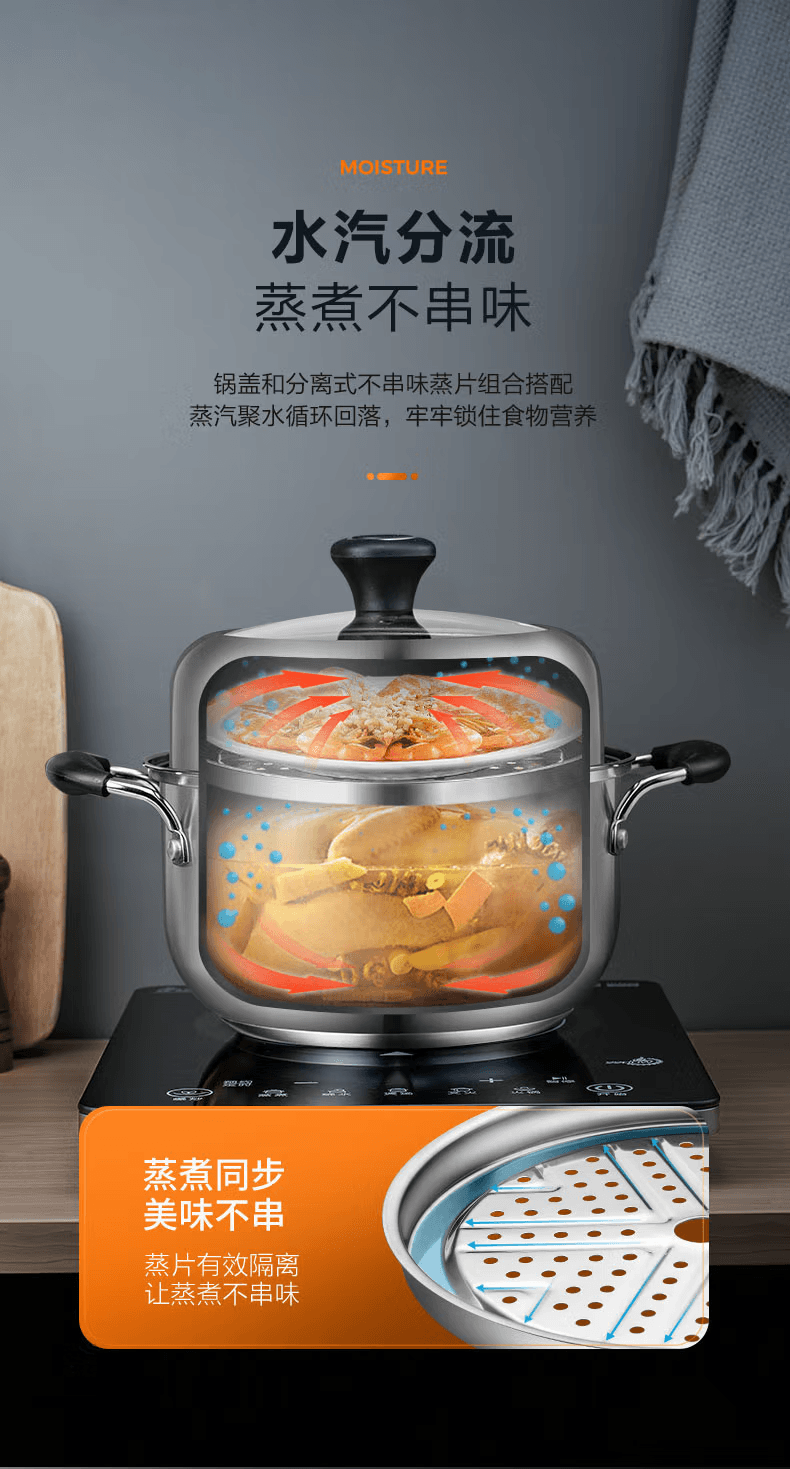 爱仕达 蒸锅汤锅304不锈钢单层24cm煮粥炖汤锅