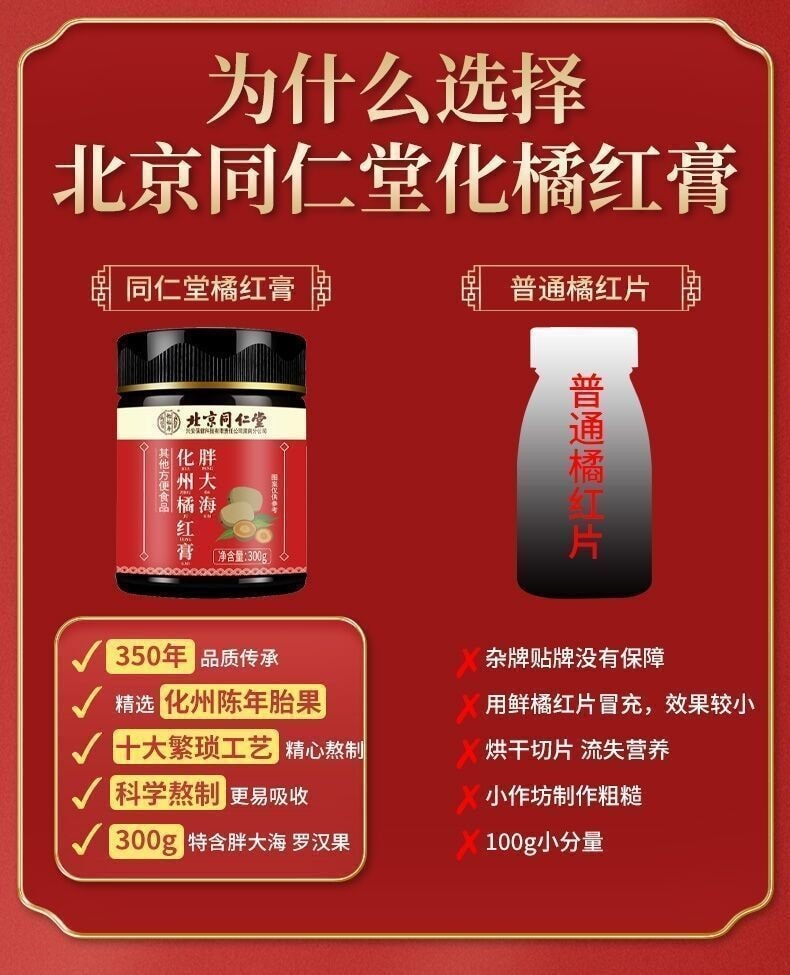 【中国直邮】北京同仁堂 止咳痰 润喉 消肿痛 膏胖大海化州橘红膏 300g