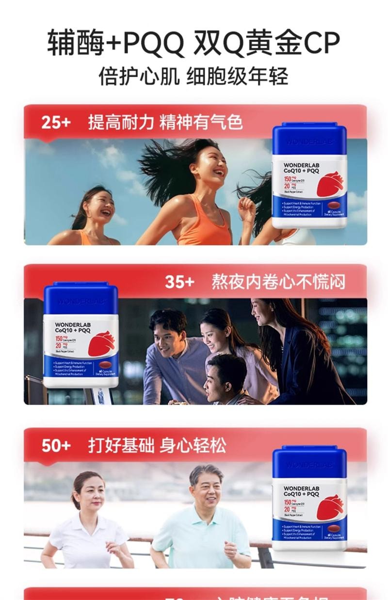 【中國直郵】 WONDERLAB 輔酶Q10保護心臟血管PQQ熬夜保健品軟膠囊 60粒/瓶
