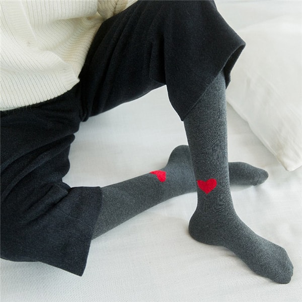 Girls Women Heart Pattern Mid-calf Length Socks Japanese Cotton Knee Socks School Girl Stockings Black 1 Pair