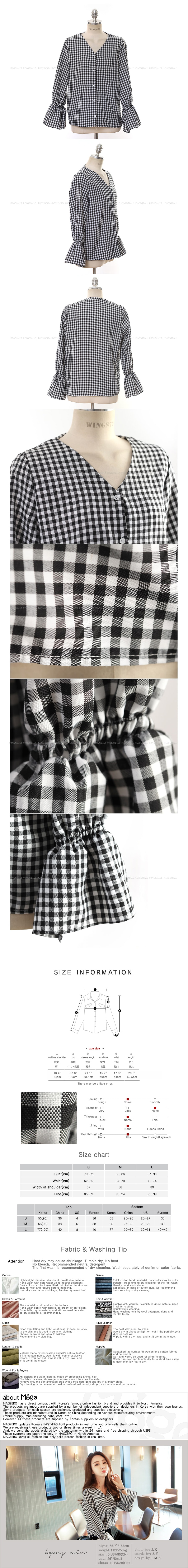 KOREA Gingham Ruffle Cuff Blouse Shirt #Black One Size(S-M) [Free Shipping]