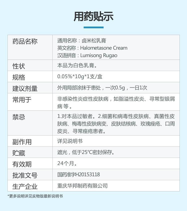 【中國直郵】 華邦 鹵米松乳膏 用於非感染性發炎性皮膚病 脂漏性皮膚炎、尋常型乾癬 10g*1支/盒