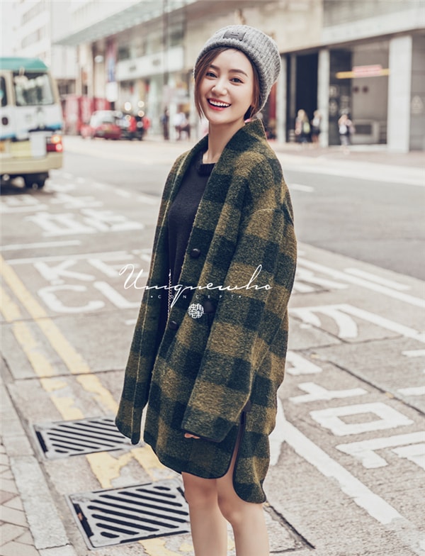 Green Plaid Medium Length Loose Wool Coat L