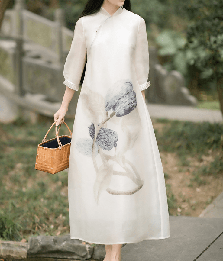 【中国直邮】简微娜 2019唐装中式女装复古印花百褶连衣裙 白色#1件
