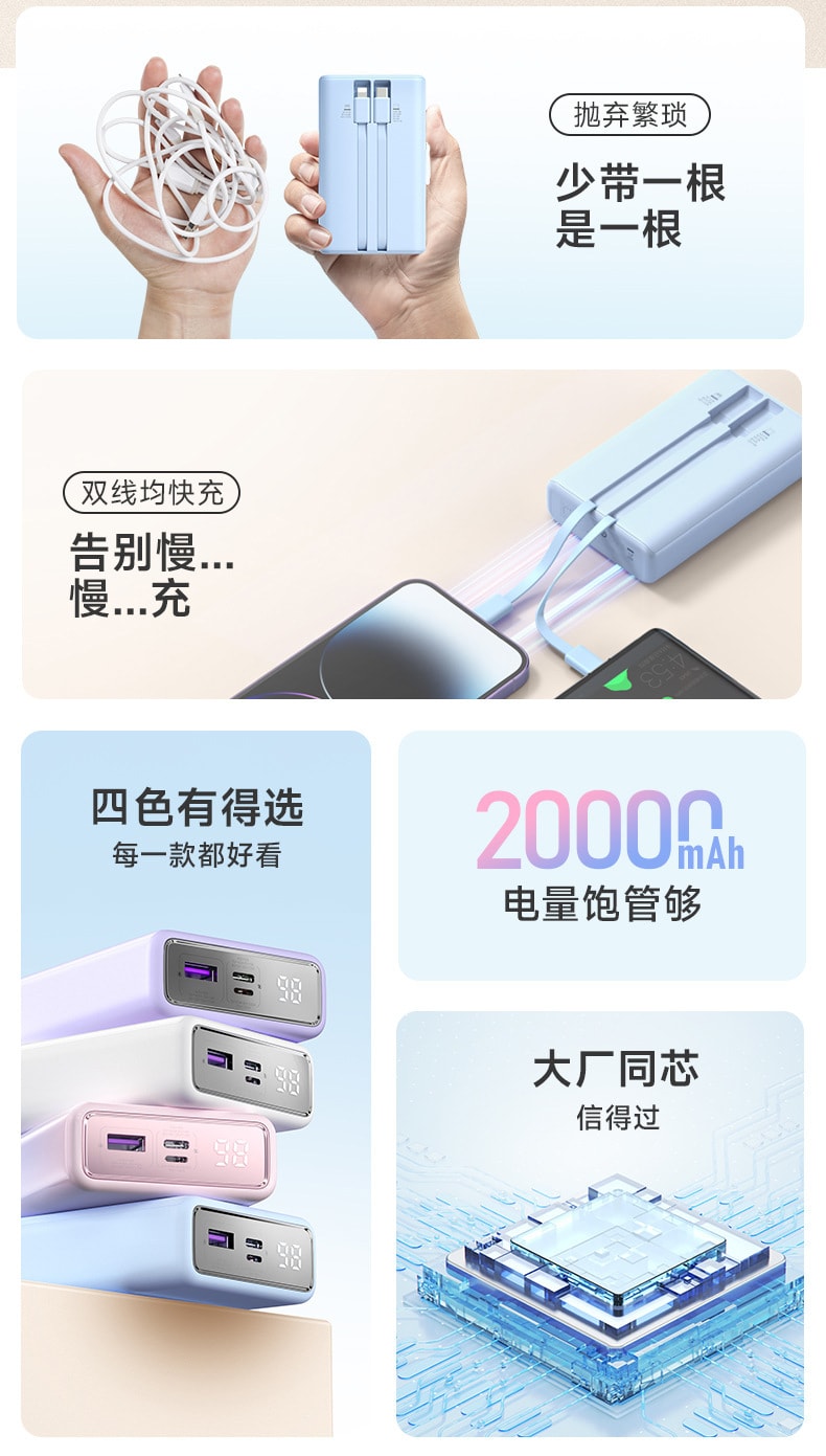 【中国直邮】罗马仕 移动电源20000毫安自带线22.5W快充适用华为苹果手机充电宝  浅蓝色