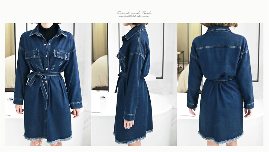 [KOREA] Frayed Hem Denim Shirt Dress With Belt #Deep Blue One Size(S-M) [Free Shipping]