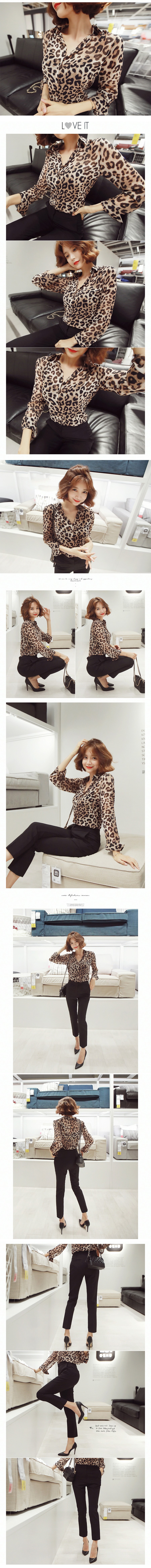 [KOREA] Leopard Print Button-Front Chiffon Blouse Shirt #Caramel Brown One Size(S-M) [免费配送]