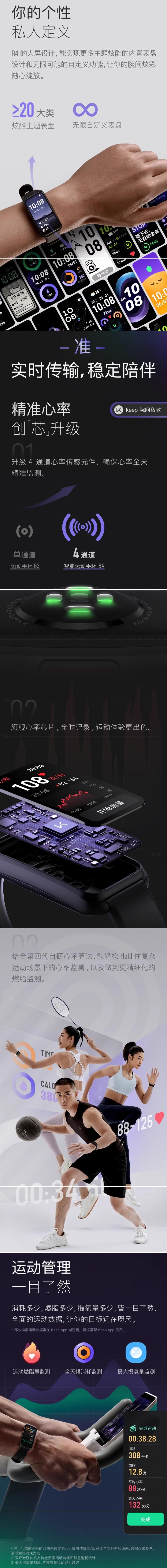 【中國直郵】 Keep 智慧手環手錶B4 心跳睡眠血氧監測 游泳防水 運動跑步健身專用 可搭配App智慧連動使用 黑色 額外波紋腕帶霧霾藍