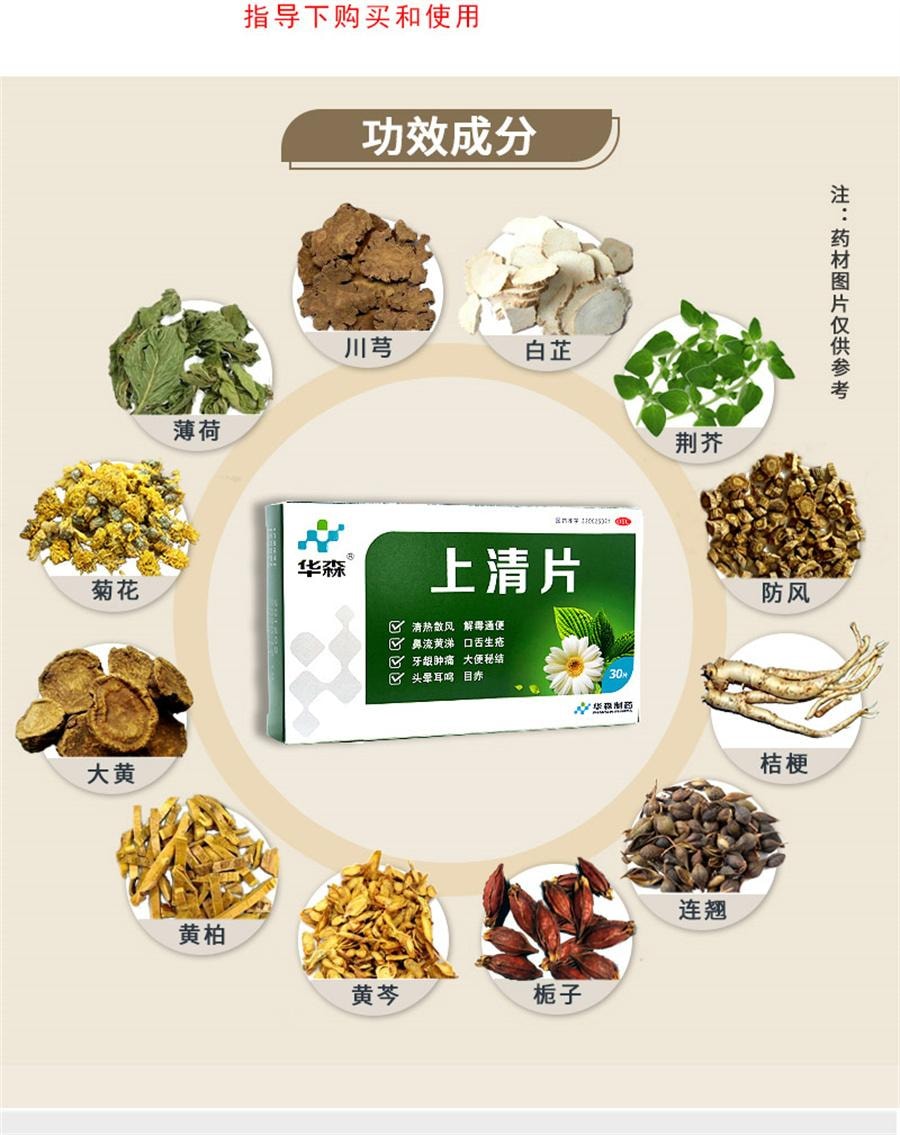 【中國直郵】 華森 上清片 頭痛便秘風熱感冒紅腫目赤牙痛上火鼻流黃涕30片/盒