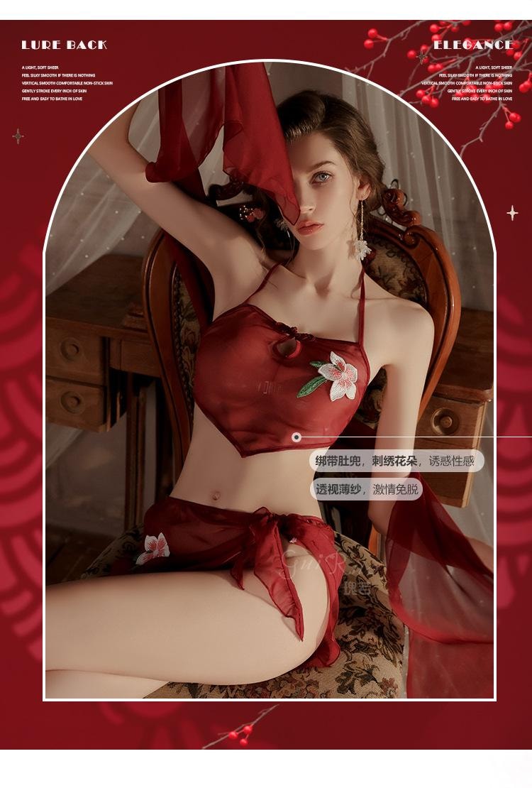 【中国直邮】  瑰若 轻纱肚兜短裤披肩汉服套装 枣红色均码