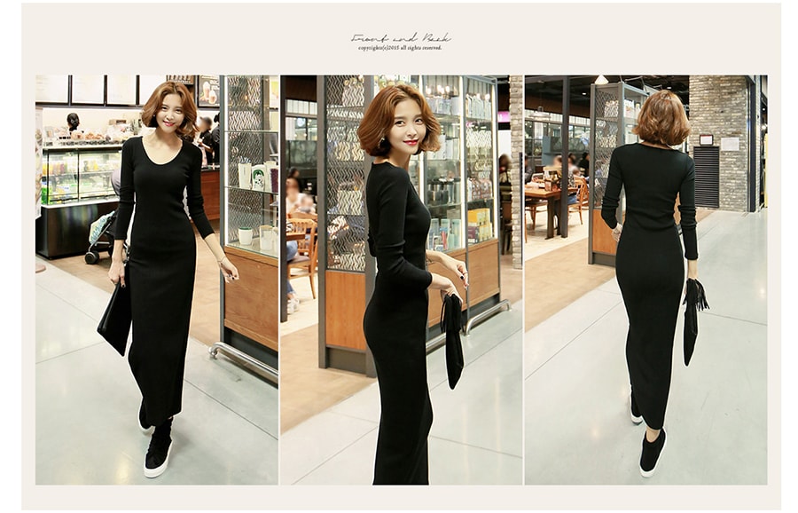 KOREA Rib Bodycon Long Dress Black One Size(S-M) [Free Shipping]