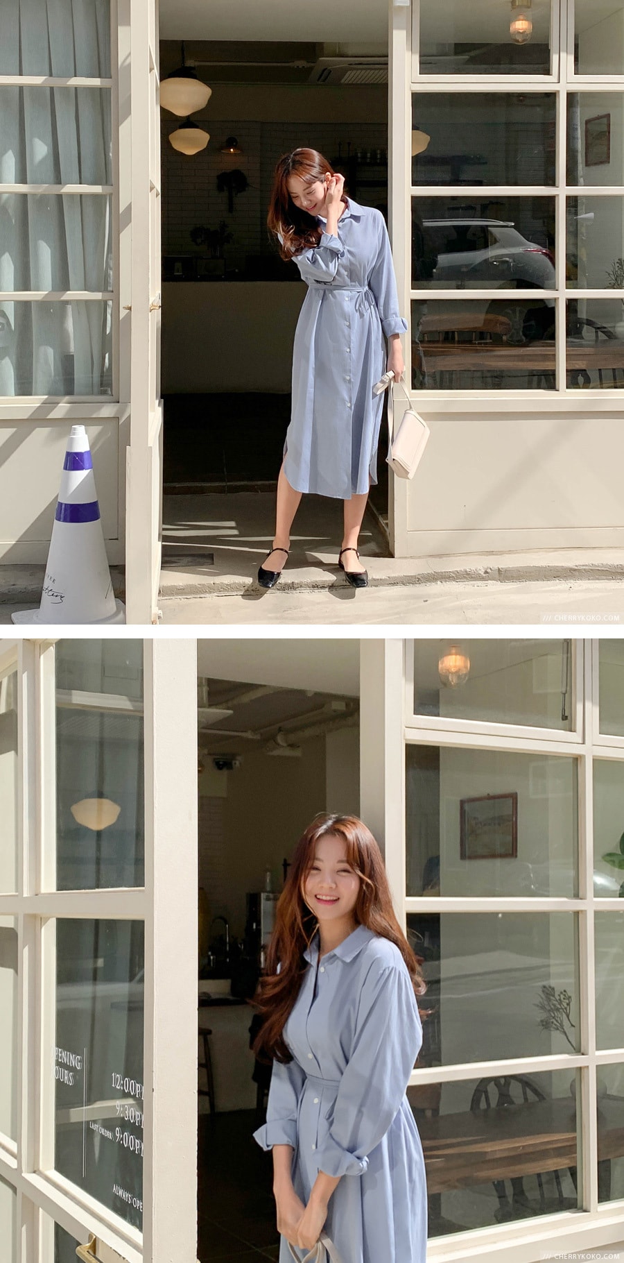 【韩国直邮】CHERRYKOKO 学院风基本款纯色舒适系带长款衬衫连衣裙 天蓝色 均码