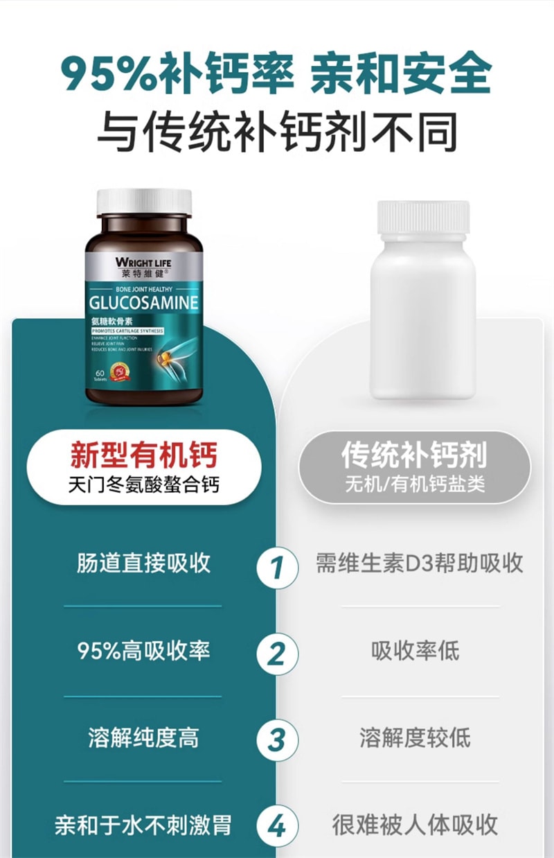【中国直邮】莱特维健 氨糖软骨素钙片60粒装关节骨胶原氨基葡萄糖