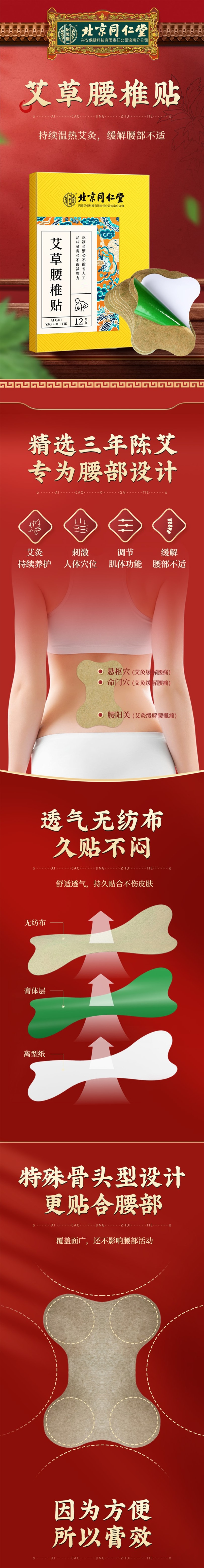 北京同仁堂 艾草腰椎貼 發燒緩解腰部疼痛 12貼/盒