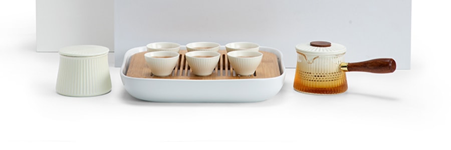 南山先生 東籬茶壺茶具組 六杯+ 茶葉罐+茶壺+27cm小雅茶盤 茶白色