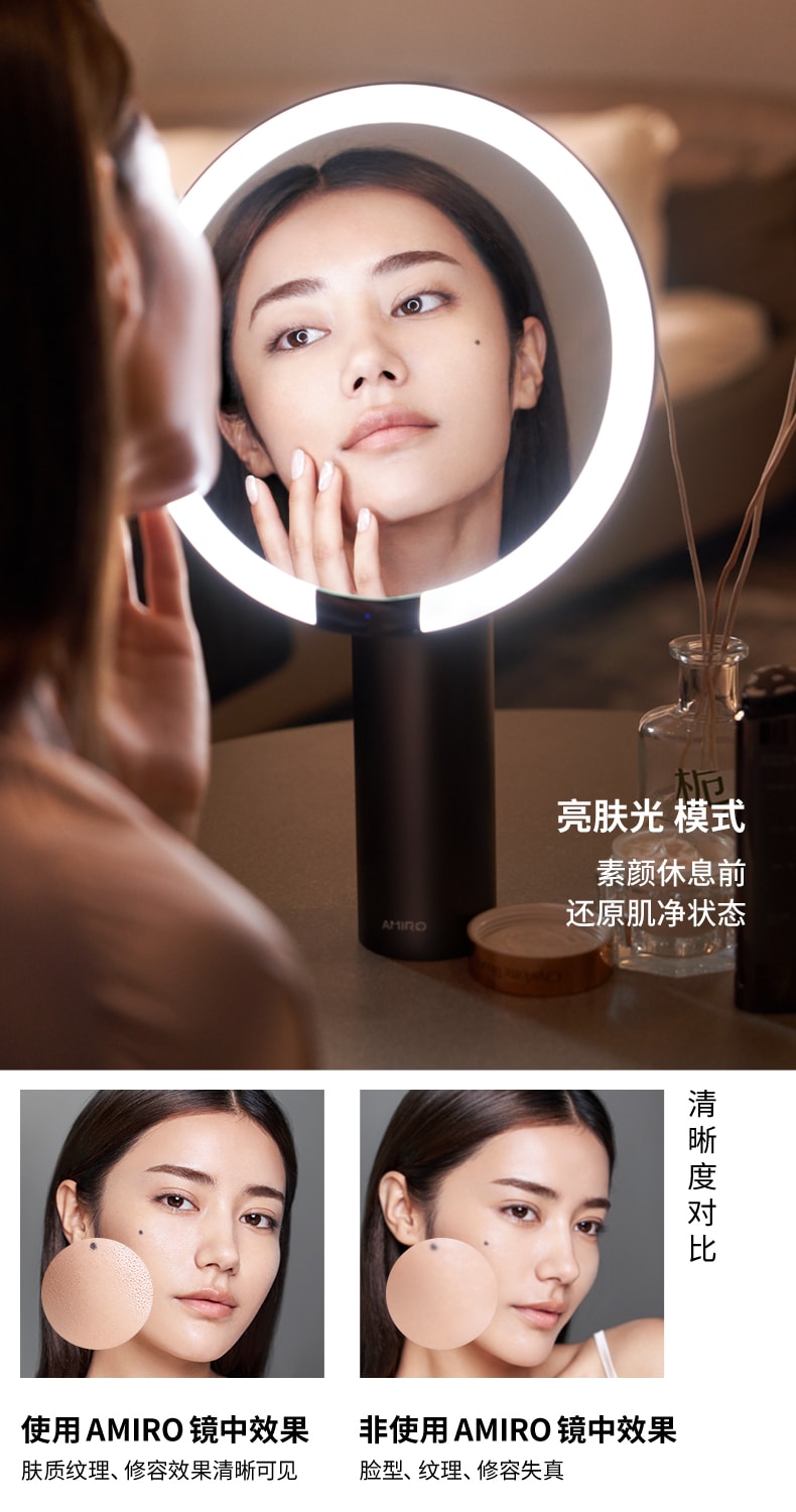 【春促特惠】中國直郵AMIRO覓食化妝鏡led感應日光鏡美妝鏡O2系列黑帶10倍放大鏡