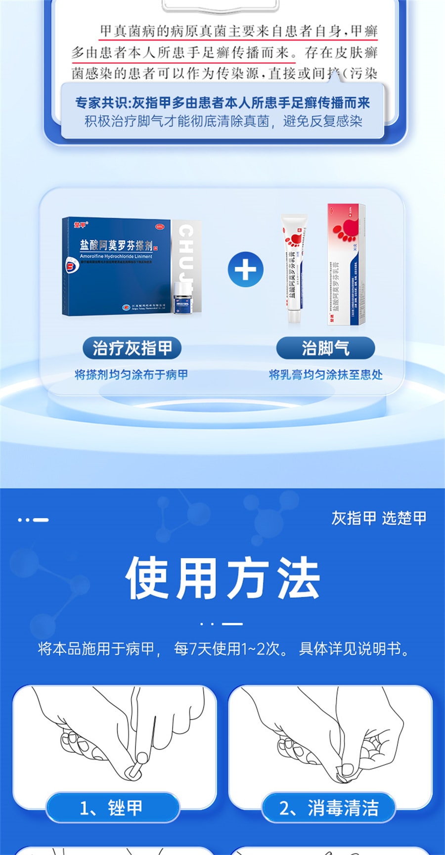 【中国直邮】楚甲  盐酸阿莫罗芬搽剂灰指甲专用药特效  2ml/盒