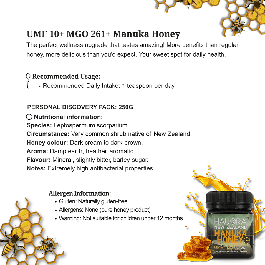 Mānuka Honey UMF™ 10+ (MGO 261+) Raw Manuka Honey Pure & Unpasteurized Non-GMO 250g