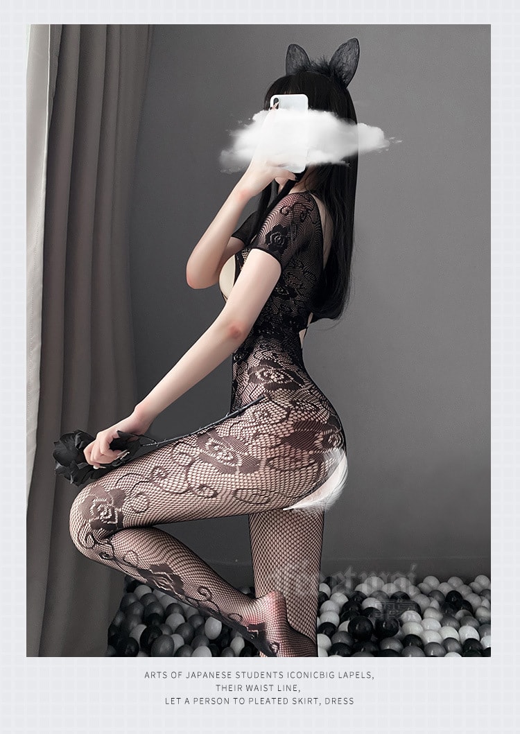 【中國直郵】霏慕 性感情趣內衣女式透明鏤空誘惑提花開檔連身絲襪黑網襪