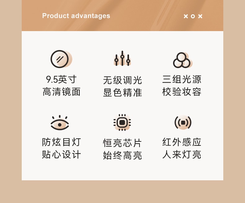 【中國直郵】MUID led燈化妝鏡 日光智慧大圓鏡專業美容桌面補光鏡子 黑橘色款