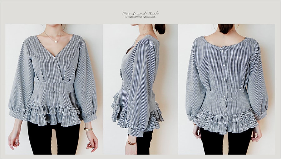 KOREA Puff sleeve Ruffle Wrap Blouse #Gingham One Size(S-M) [Free Shipping]