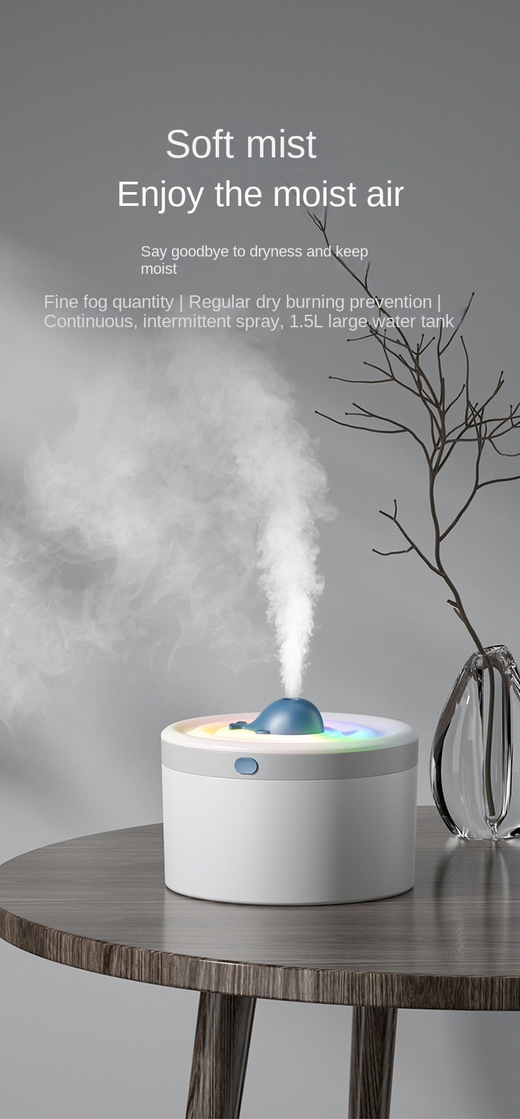 中国 LLD乐乐多 1.5升大容量蓝鲸加湿器大雾量喷雾七彩灯香薰机加湿器三合一 白色 1件