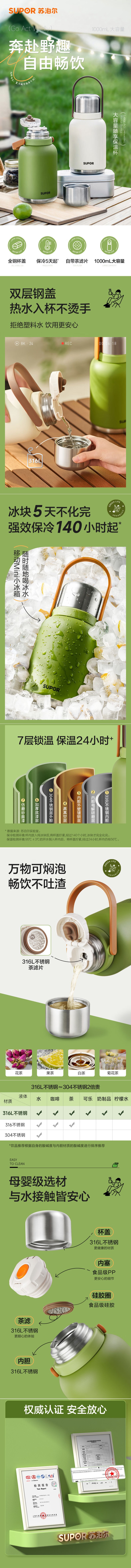 【中国直邮】苏泊尔 保温杯大容量1000ml 316不锈钢内胆 保温水壶 带茶滤 灰色