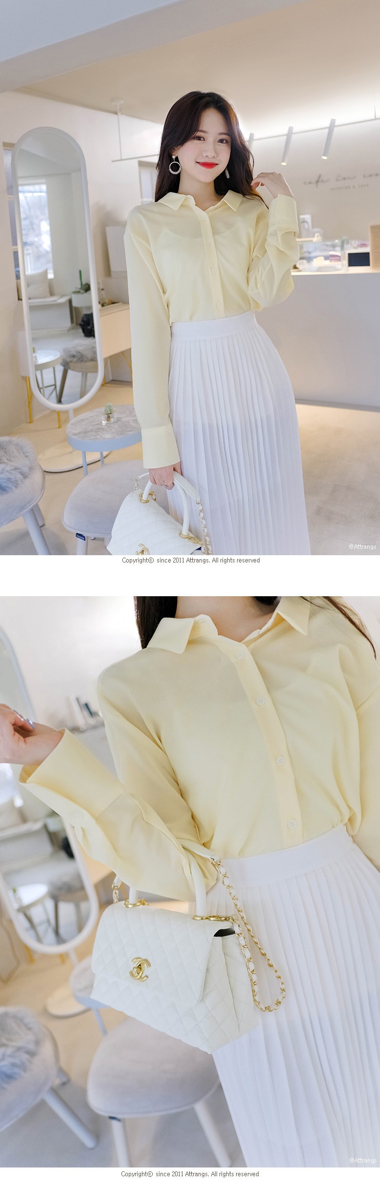 【韩国直邮】ATTRANGS 高腰百褶长裙 乳白色 均码