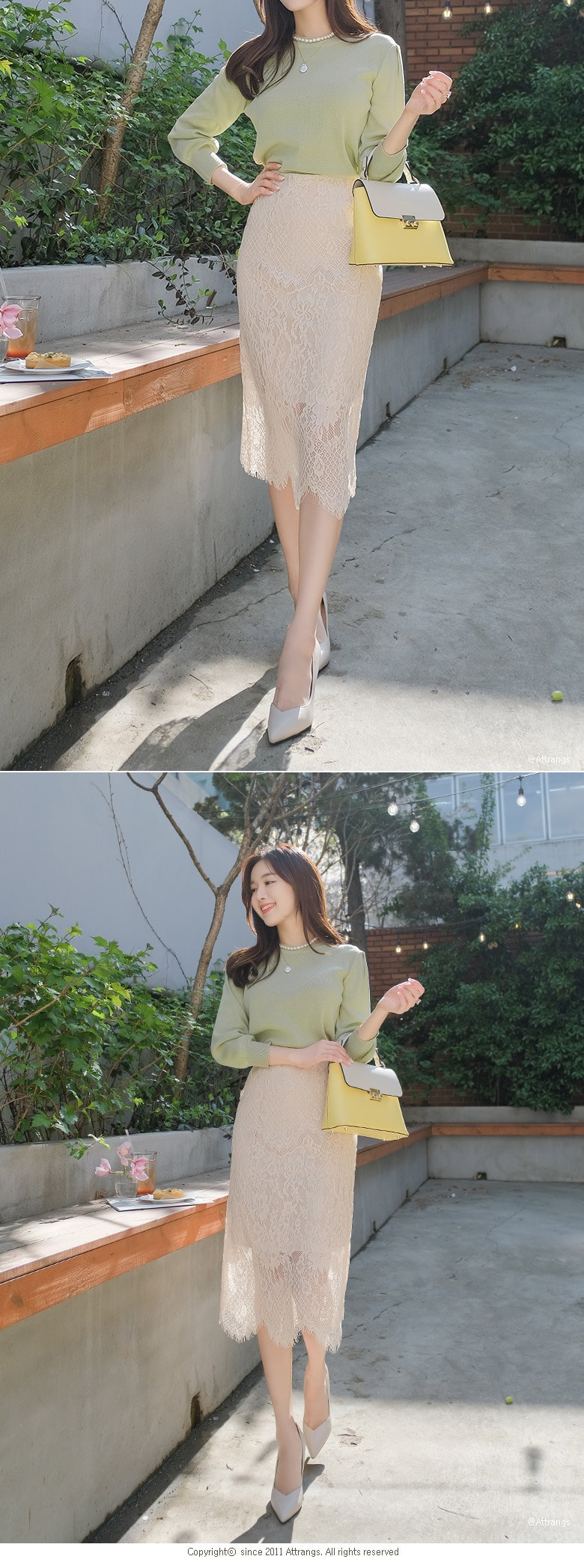 【韩国直邮】ATTRANGS 高腰修身蕾丝气质长裙 米色 S