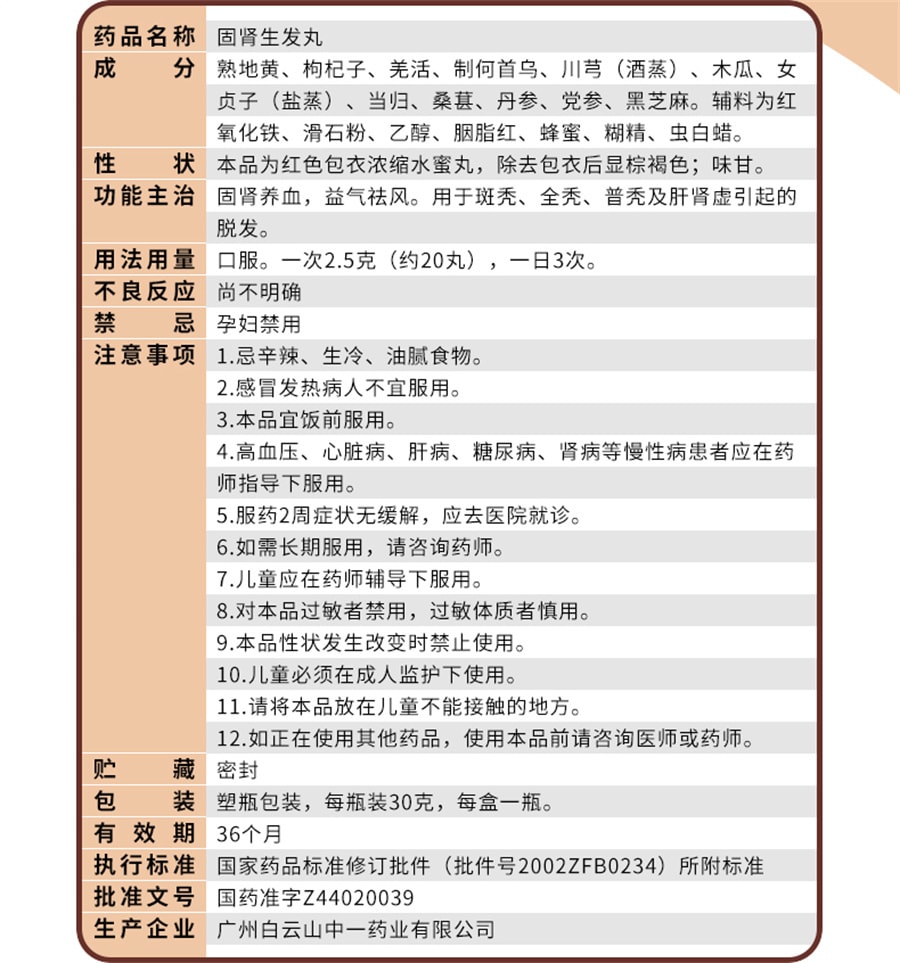 【中國直郵】白雲山 中一固腎生髮丸斑禿全禿養血肝腎虛脫髮 30g