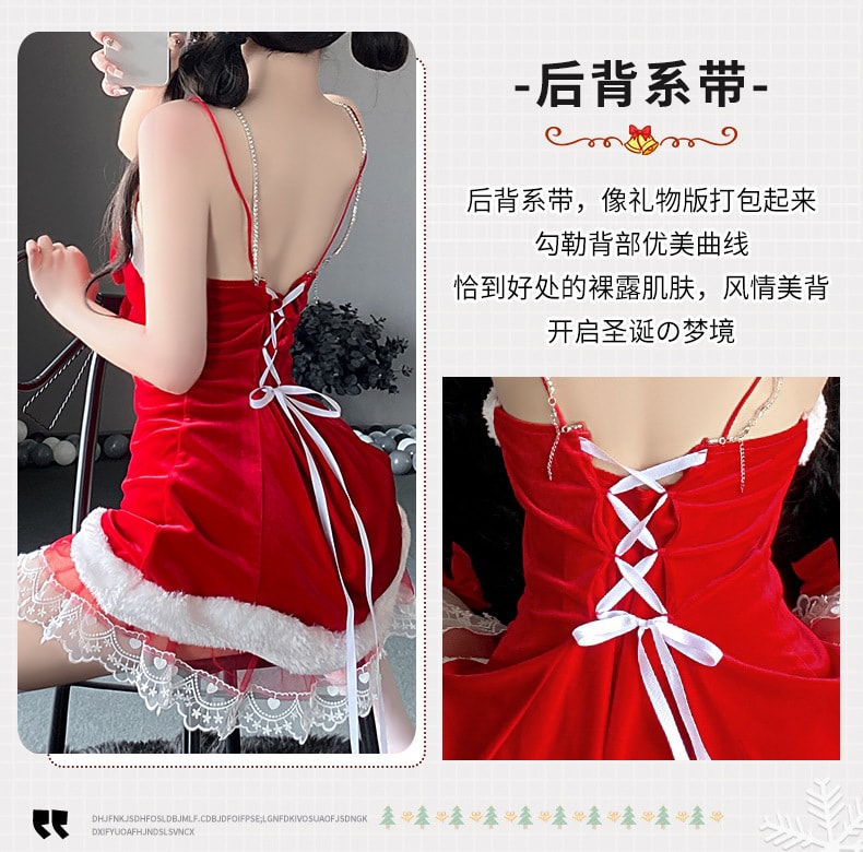 【中国直邮】曼烟 情趣内衣 性感蕾丝花边吊带睡裙 圣诞套装 红色均码(含丝袜不含发箍)