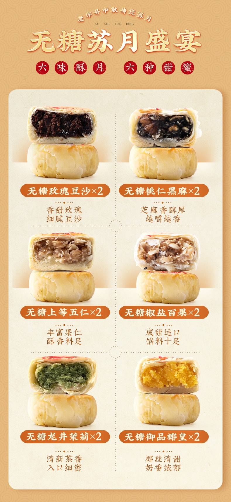 【中国直邮】 上海沈大成 沈大成 苏式无糖月饼礼盒 中秋月饼礼盒640g 上海特产老字号送礼