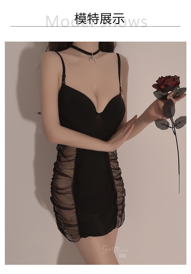 中國直郵 瑰若 性感深v透視吊帶睡裙套裝 黑色 均碼 一件 成人情趣用品