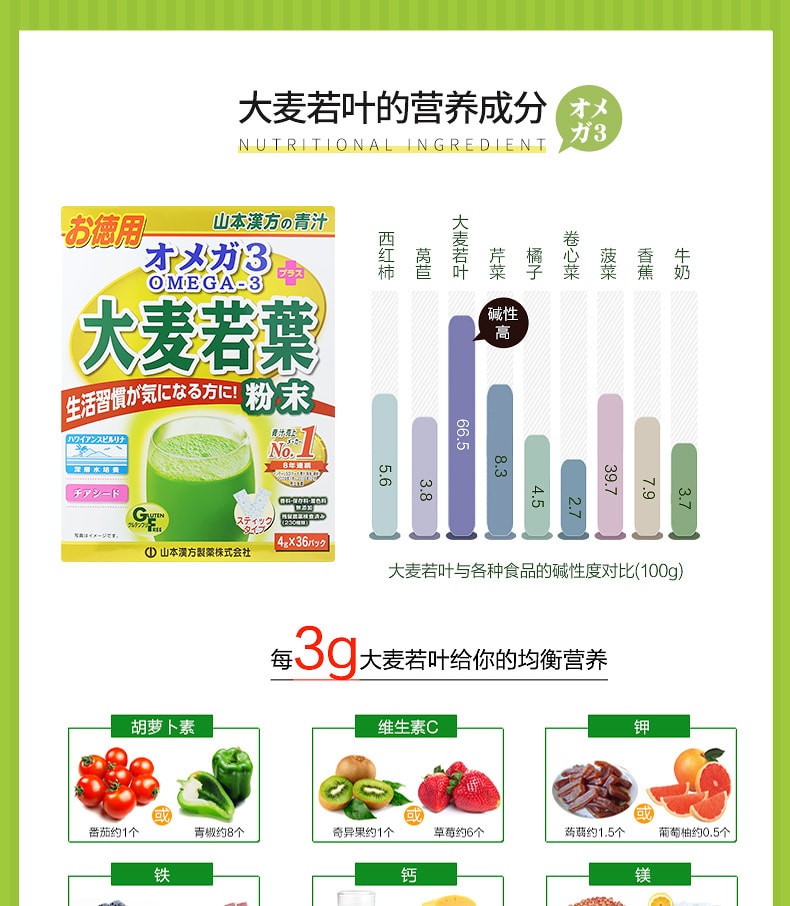 日本 YAMAMOTO 山本汉方制药 大麦若叶OMEGA-3 青汁排毒 4gx36pcs EXP: 2023.08